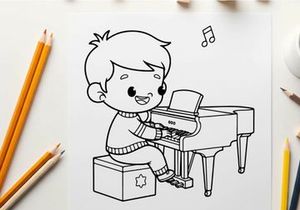 Child playing piano music joy vector illustration