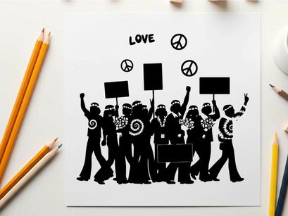 Peaceful protesters with signs and silhouette peace symbols