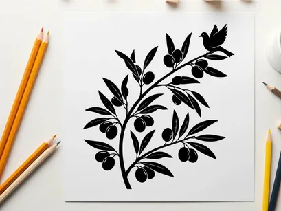 Silhouette of an olive branch with leaves and berries