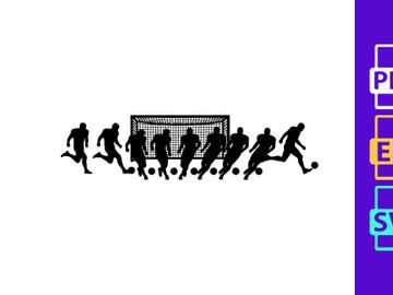 Silhouette of soccer players in various positions on the field with a goal preview picture
