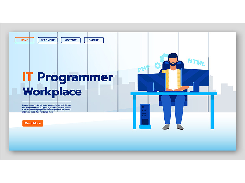 IT programmer workplace landing page vector template