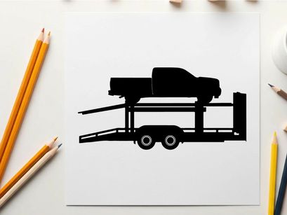 Silhouette of a car on a trailer against a white background