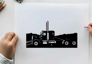 Silhouette of a semi truck on a highway with mountains