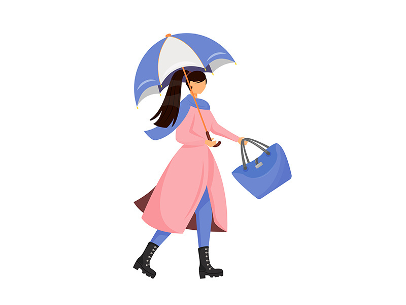 Woman with umbrella flat color vector faceless character