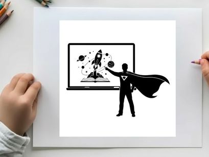 Silhouette of a superhero presenting a rocket on a screen