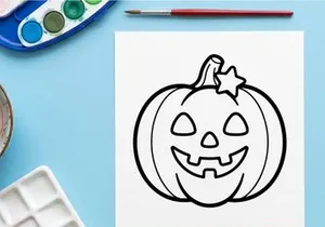Hand-drawn Halloween jack-o-lantern with glowing smile and star. Cute cartoon pumpkin face illustration for festive autumn decor and party designs.