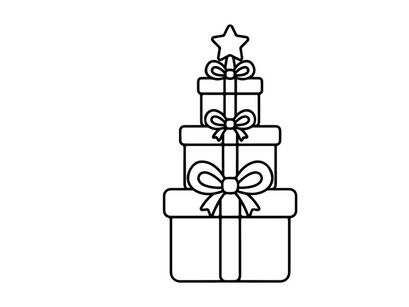 Christmas gift boxes stacked in tree shape with a star topper, black and white line art.