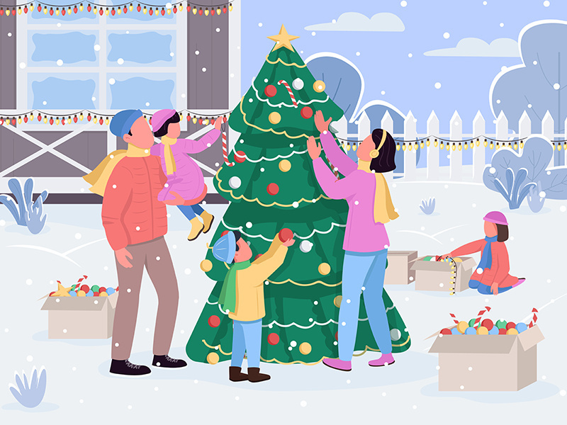 Family decorate xmas tree flat color vector illustration