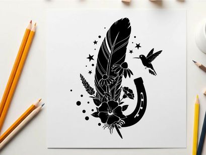 Silhouette of feather hummingbird and horseshoe with flowers and stars
