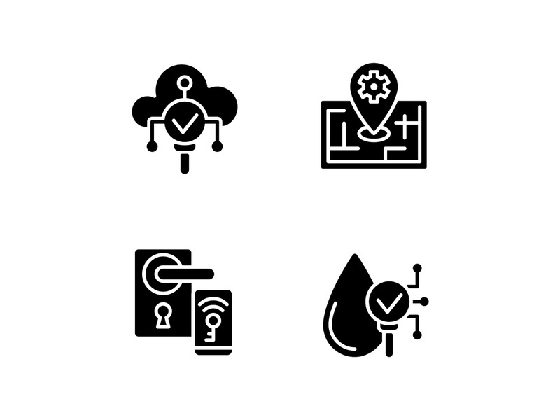 IoT technologies black glyph icons set on white space