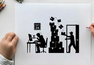 Silhouette of office worker amidst chaotic moving boxes and computer work