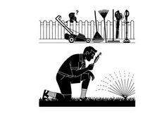 Silhouette of a man watering plants in a garden with tools
