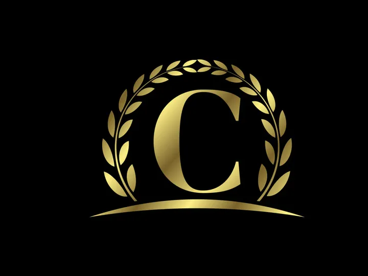 Golden letters with a golden laurel wreath. English alphabet, vector illustration