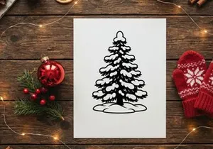 Black and white Christmas tree illustration with snow, winter holiday vector icon.