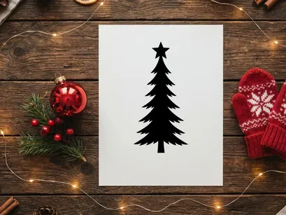 Black Christmas tree silhouette with a star topper isolated on a white background.