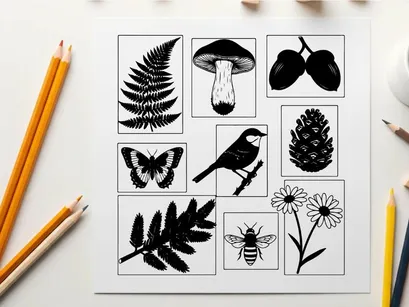 Black and white silhouette illustrations of nature elements