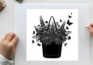 Silhouette of a floral handbag with butterflies and flowers