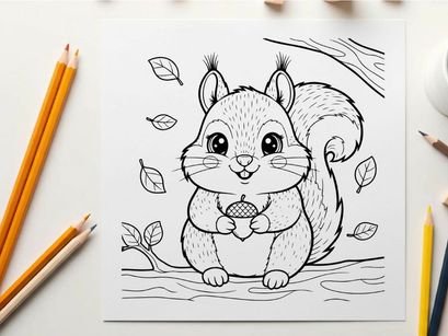 Cute squirrel holding acorn autumn leaves vector illustration