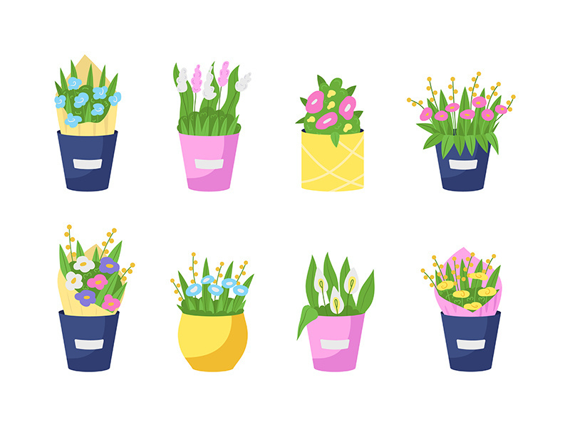 Bouquets in vases flat color vector object set