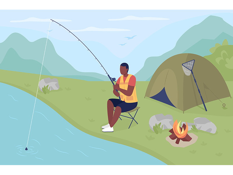 Catching fish in pond flat color vector illustration