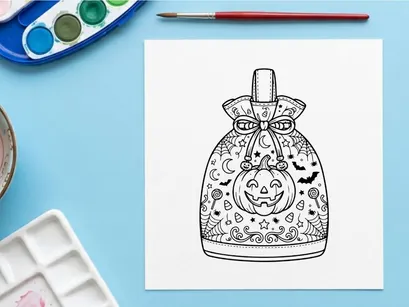 Halloween perfume bottle with smiling jack-o-lantern design. Spooky scented glass container featuring festive bat and ghost patterns for seasonal d...