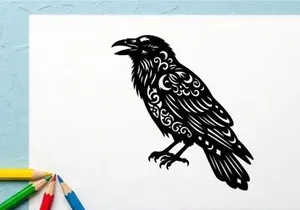 Intricate black and white raven illustration for design and art