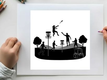 Silhouette of people playing frisbee golf in a park with trees and baskets