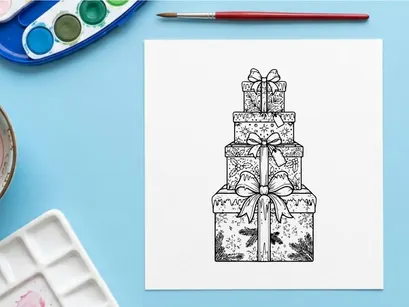 Cajas de regalo navideñas apiladas con lazos, ilustración ilustrada festiva de regalo de vacaciones