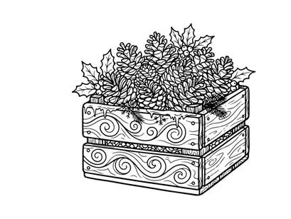 Handgezeichneter Weihnachtsgeschenkkarton mit verziertem Blumenmuster und dekorativen Schwüngen für festliche Deko