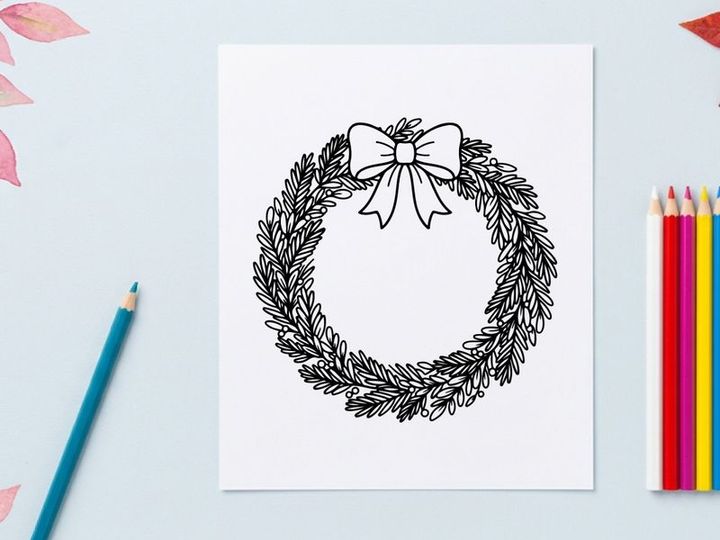 Girlanda de Natal desenhada à mão com galhos de pinheiro e flor de floco de neve branca para decoração festiva de feriados