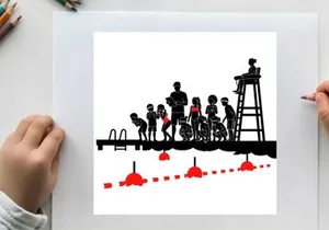 Silhouette of people on a dock with a lifeguard in a tower