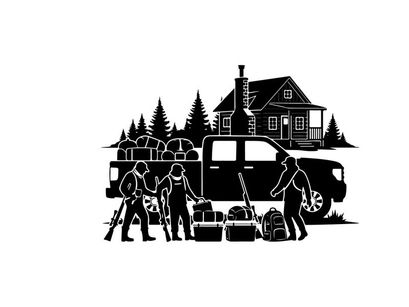 Silhouette of men loading gear into a pickup truck in front of a house