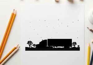 Truck driving on a road at dusk silhouette