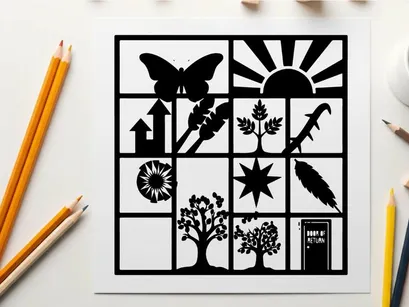 Silhouette of various objects in a grid pattern