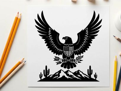 American eagle silhouette with shield and desert landscape