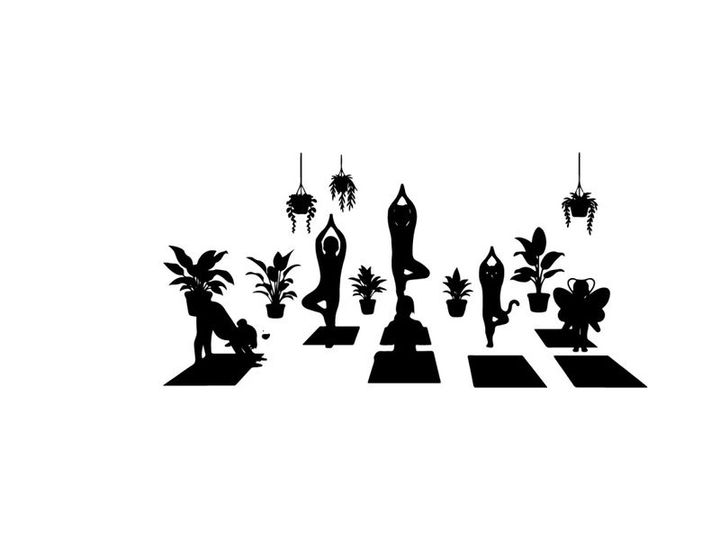 Yoga silhouettes on colorful mats with plants silhouette