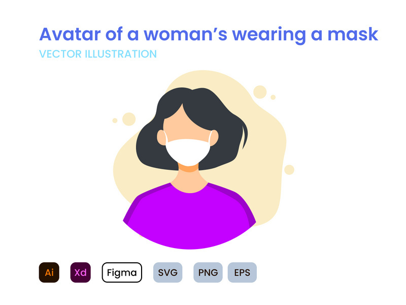 Avatar of a black hair woman and wearing a mask flat modern design.