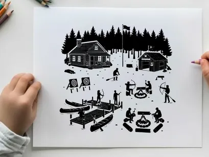 Winter camping silhouette scene with people and cabins