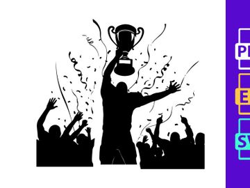 Victory celebration silhouette with trophy and confetti preview picture