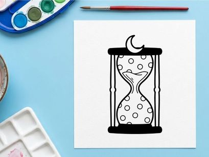 Minimalist hourglass with moon and stars design. Black and white sand timer illustration for time management and Halloween themes.