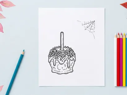 Halloween-Karamellapfel-Ausmalbild. Gruselige Karamellapfel-Linienkunst für Kinderaktivitäten.