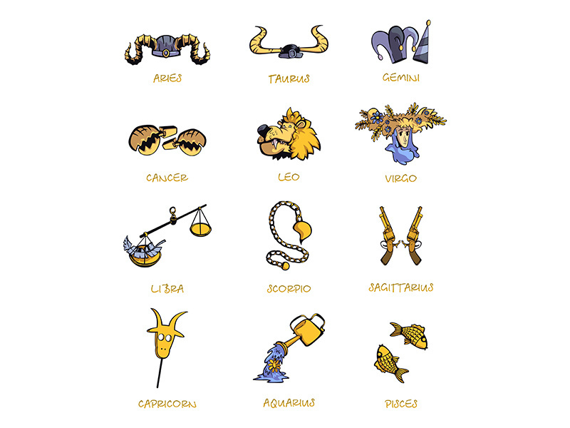 Twelve zodiac signs accessories flat cartoon vector illustrations set