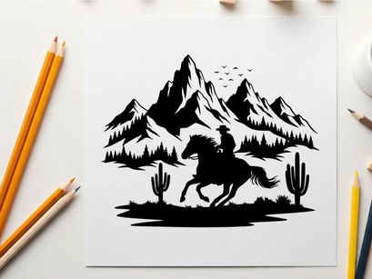 Cowboy riding horse silhouette in desert mountain landscape