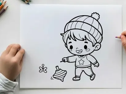 Cute child in winter hat and pajamas holding dreidel vector illustration