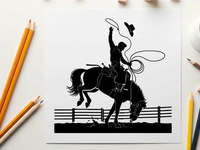 Cowboy riding horse silhouette with lasso and hat