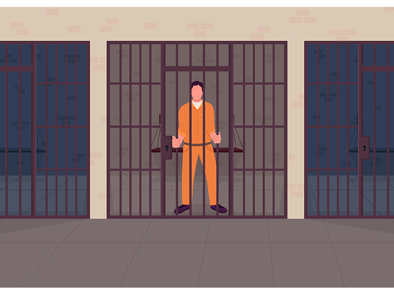 Criminal in prison flat color vector illustration