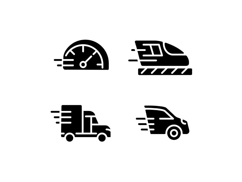 Fast transport black glyph icons set on white space
