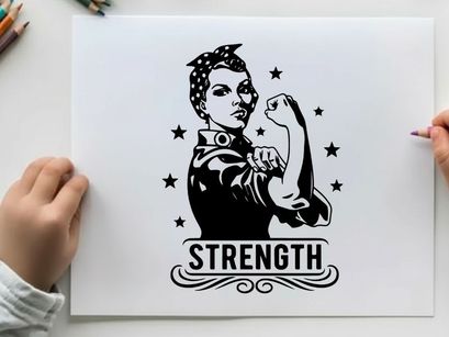 Rosie the riveter silhouette with stars and strength text