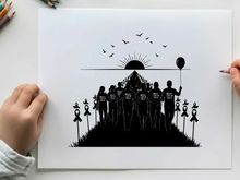 Silhouette of a group walking towards sunrise with balloons and ribbons