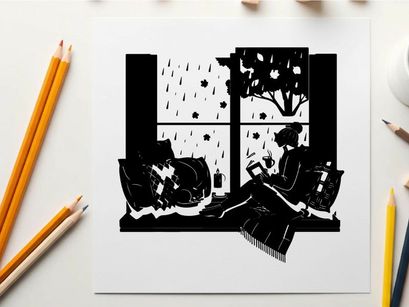 Cozy woman reading on a rainy day by the window